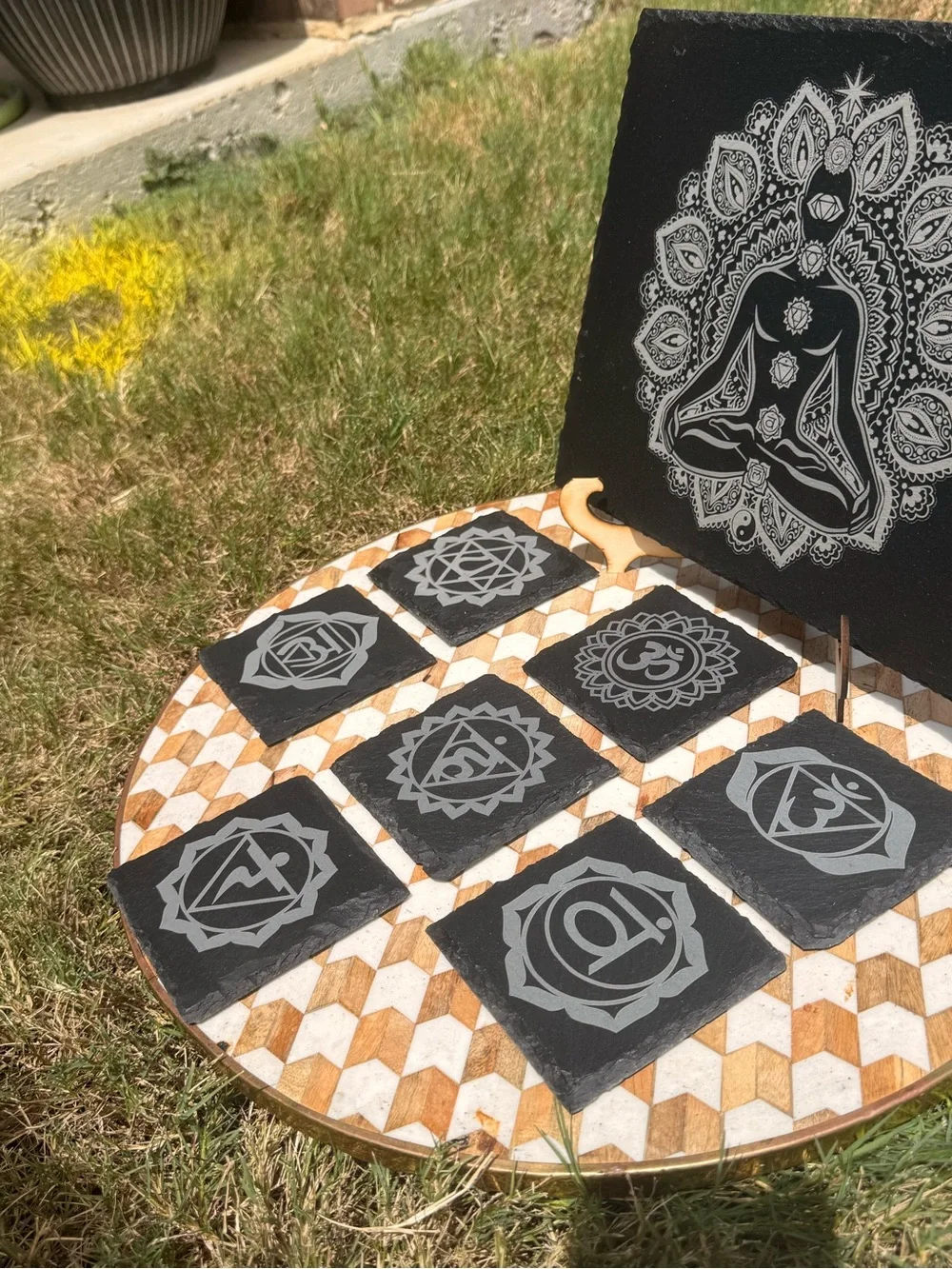 Meditative Chakra Slate Wall Art Set in Black and Silver - Brand: